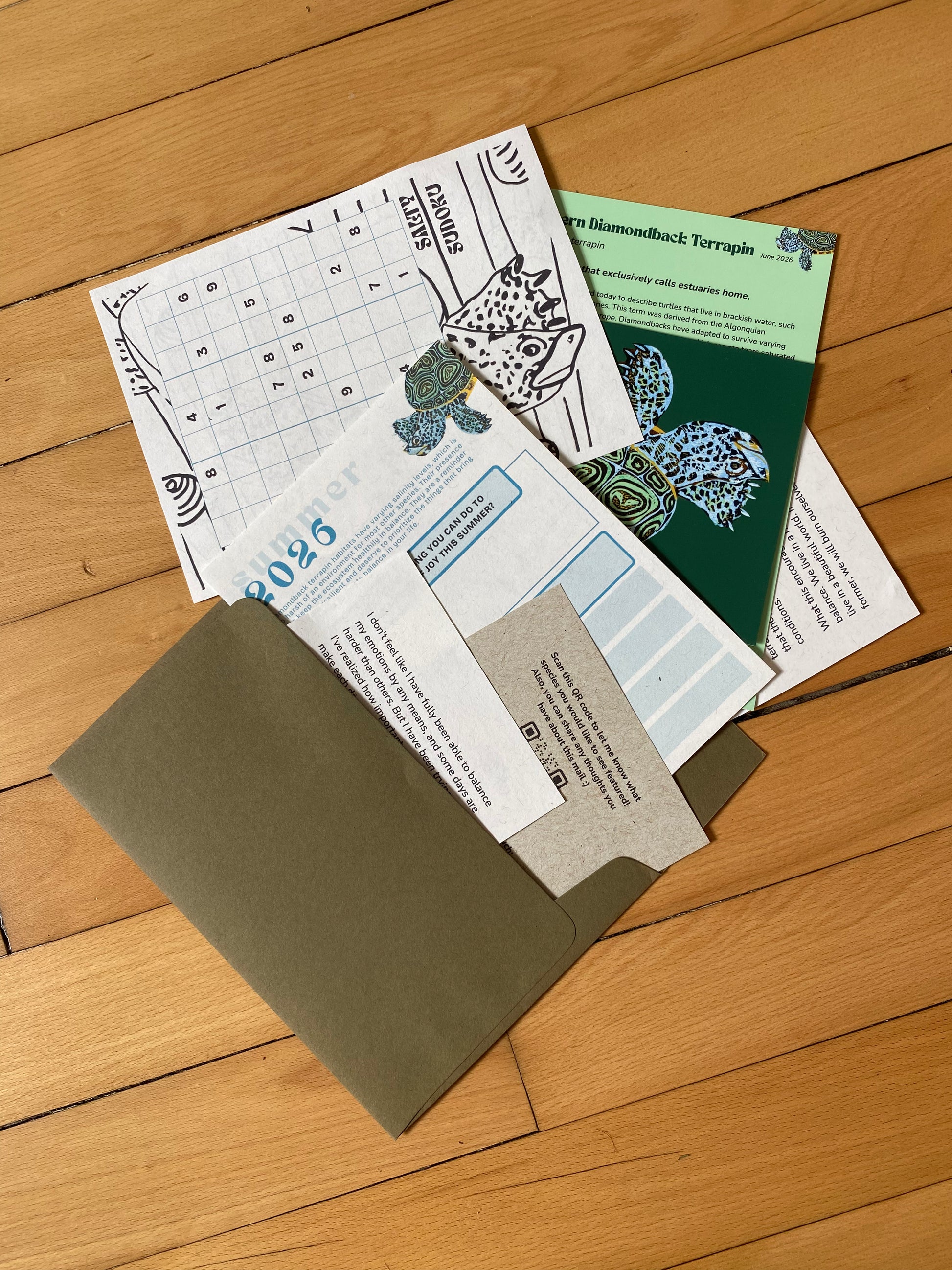 A flat-lay of printed turtle-themed stationery and cards arranged on a light wood floor, including a brown envelope, a white grid sheet, a green card, and a paper insert with turtle illustrations.